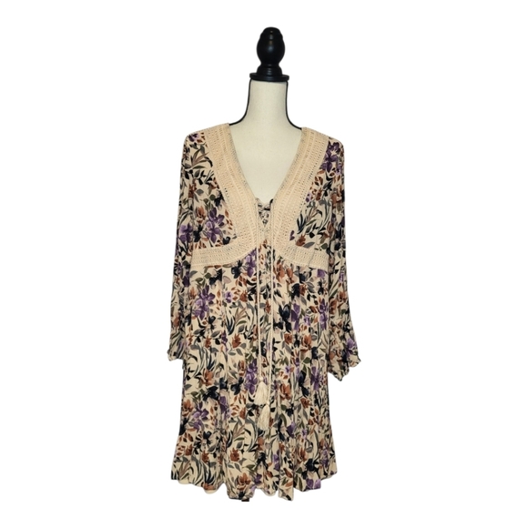 Torrid Floral Dress with Crochet Detail - Cream and Purple - Picture 1 of 8